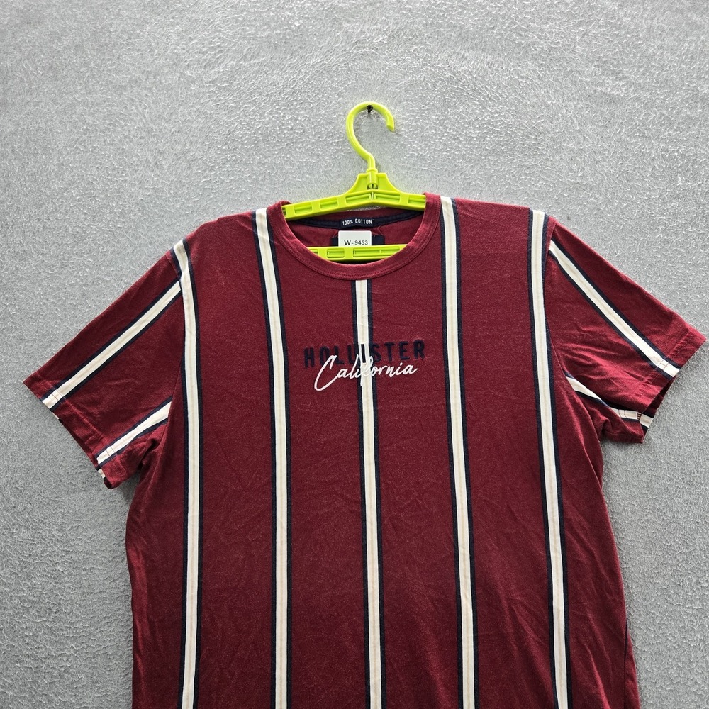 Hollister Men Shirt L Red Striped Hollister Spellout Logo Short Sleeve Embroider - Picture 8 of 9